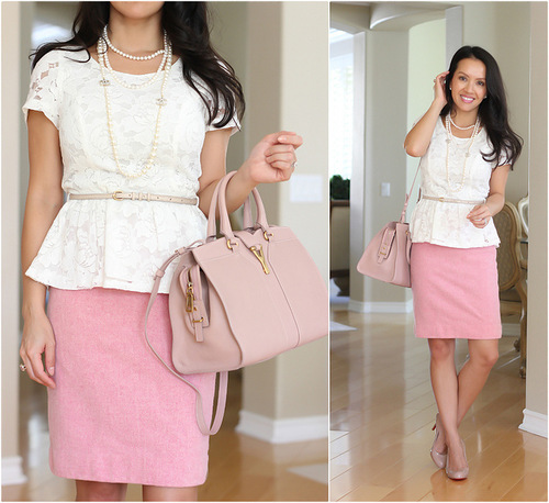 белая блузка с баской, розовая юбка, тонкий ремень