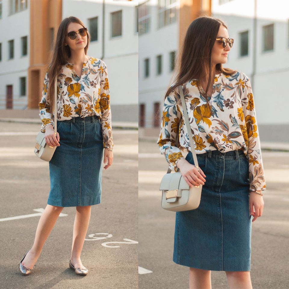 джинсовая юбка, цветочная блузка