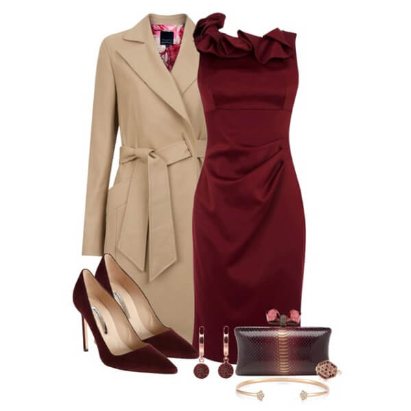бордовое платье с бежевым пальто