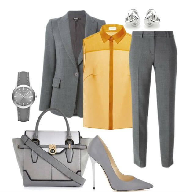 серый жакет, желтая блуза и серые брюки