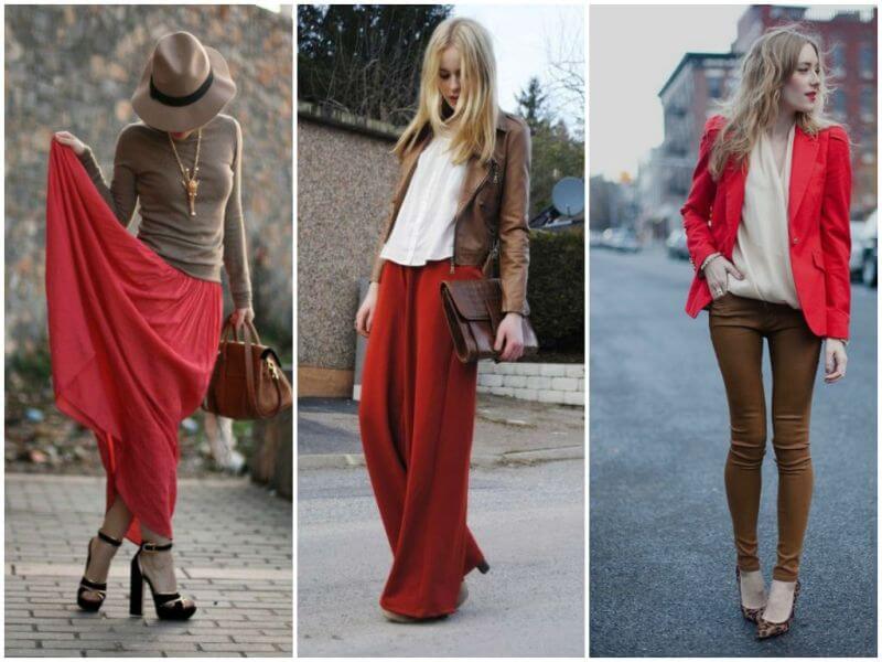 как носить красную одежду с коричневым
