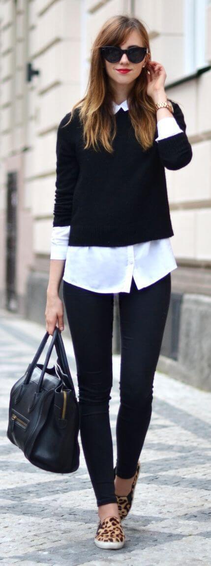 33 идеи, как одеваться в офис: белая рубашка, черный свитер, черные штаны