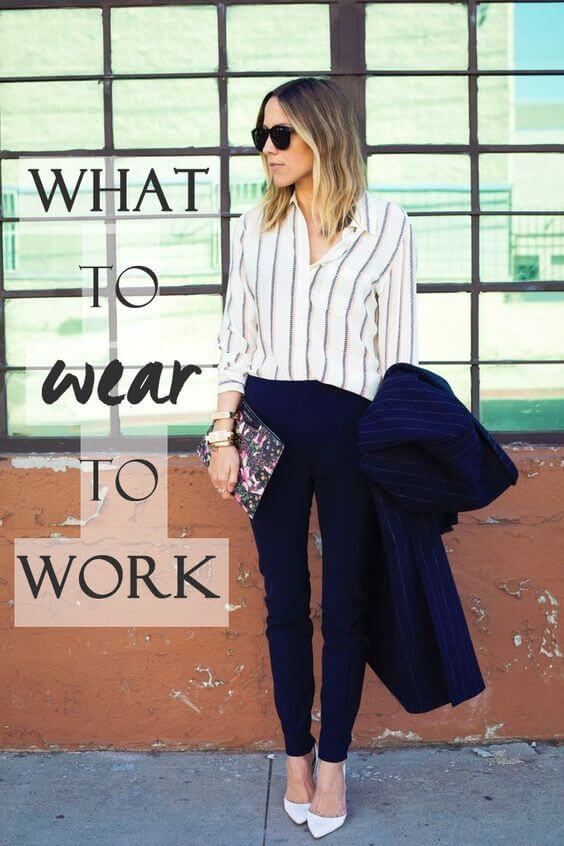 33 идеи, как одеваться в офис: синие брюки, полосатая блузка