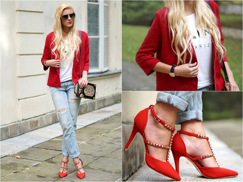 красный пиджак с джинсами и красными туфлями