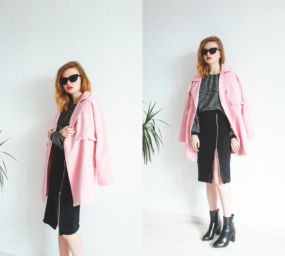 розовое пальто, юбка миди