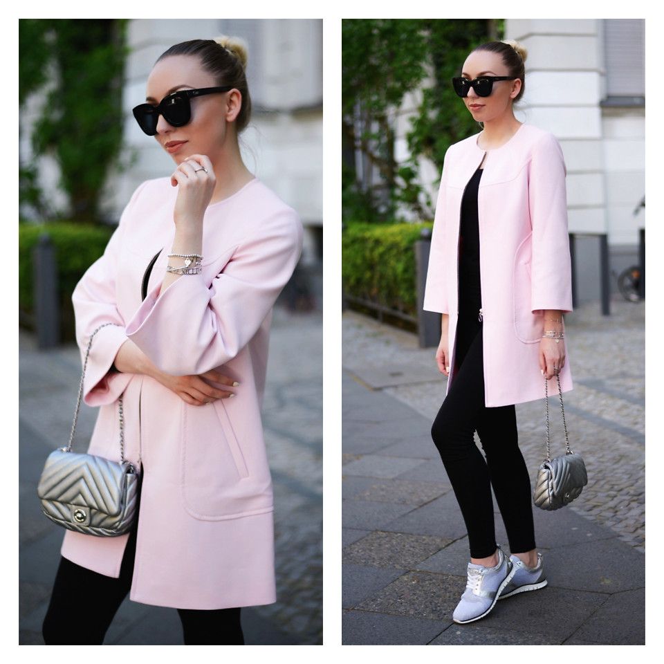 розовое пальто с кроссовками