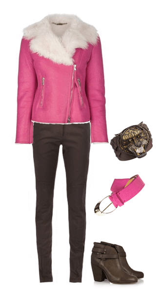 розовая куртка с коричневыми брюками